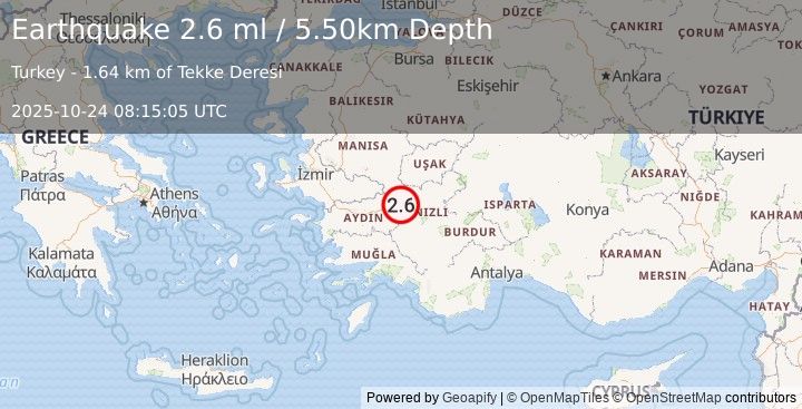Earthquake WESTERN TURKEY (2.6 ml) (2025-10-24 08:15:05 UTC)