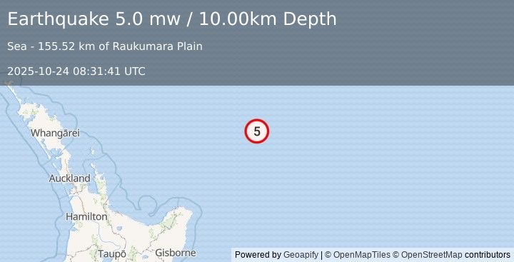 Earthquake EAST OF NORTH ISLAND, N.Z. (5.0 mw) (2025-10-24 08:31:41 UTC)