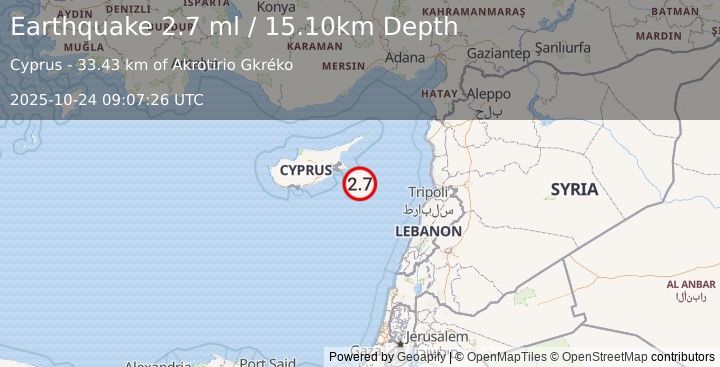Earthquake CYPRUS REGION (2.7 ml) (2025-10-24 09:07:26 UTC)