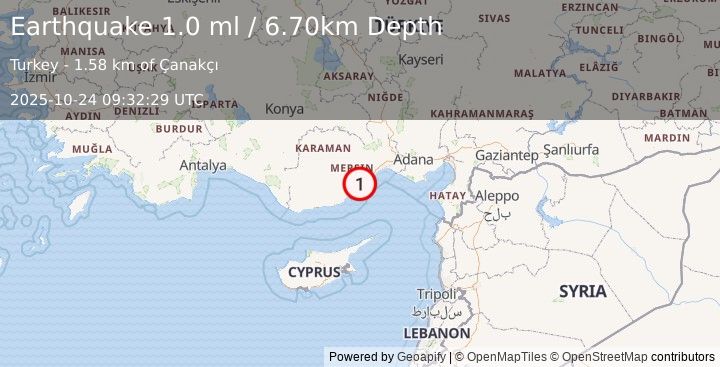 Earthquake CENTRAL TURKEY (1.0 ml) (2025-10-24 09:32:29 UTC)