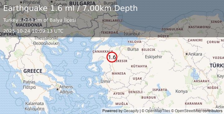 Earthquake WESTERN TURKEY (1.6 ml) (2025-10-24 10:09:13 UTC)