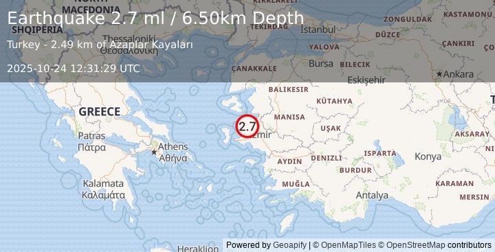 Earthquake NEAR THE COAST OF WESTERN TURKEY (2.7 ml) (2025-10-24 12:31:29 UTC)