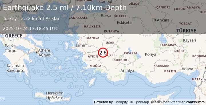 Earthquake WESTERN TURKEY (2.5 ml) (2025-10-24 13:18:45 UTC)