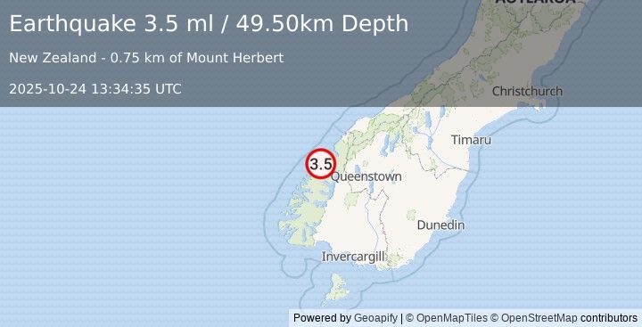 Earthquake SOUTH ISLAND OF NEW ZEALAND (3.5 ml) (2025-10-24 13:34:35 UTC)