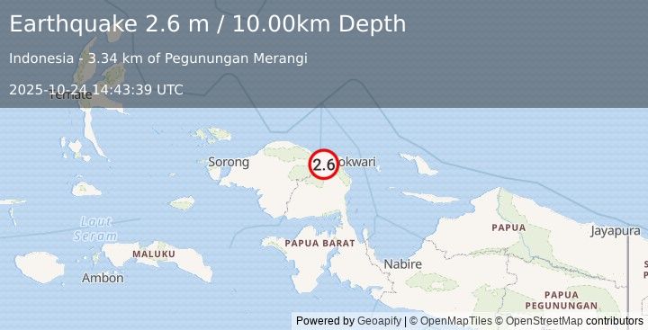 Earthquake NEAR N COAST OF PAPUA, INDONESIA (2.6 m) (2025-10-24 14:43:39 UTC)