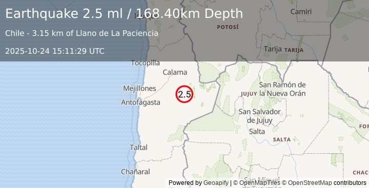 Earthquake ANTOFAGASTA, CHILE (2.5 ml) (2025-10-24 15:11:29 UTC)