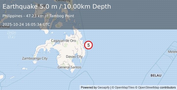 Earthquake MINDANAO, PHILIPPINES (4.9 m) (2025-10-24 16:05:39 UTC)