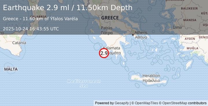 Earthquake SOUTHERN GREECE (2.9 ml) (2025-10-24 16:43:55 UTC)