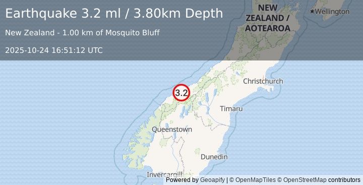 Earthquake SOUTH ISLAND OF NEW ZEALAND (3.2 ml) (2025-10-24 16:51:12 UTC)