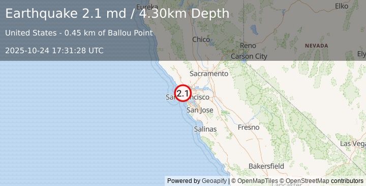 Earthquake SAN FRANCISCO BAY AREA, CALIF. (2.1 md) (2025-10-24 17:31:28 UTC)