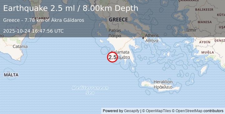 Earthquake SOUTHERN GREECE (2.5 ml) (2025-10-24 16:47:56 UTC)