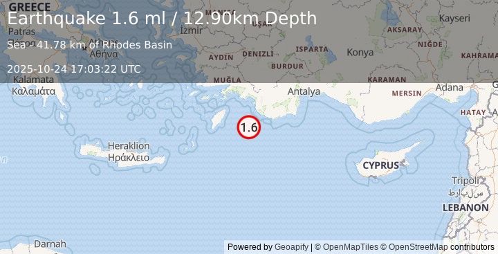Earthquake EASTERN MEDITERRANEAN SEA (1.6 ml) (2025-10-24 17:03:22 UTC)