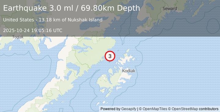 Earthquake KODIAK ISLAND REGION, ALASKA (3.0 ml) (2025-10-24 19:05:16 UTC)