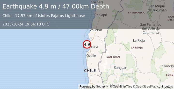 Earthquake OFFSHORE COQUIMBO, CHILE (4.9 m) (2025-10-24 19:56:18 UTC)
