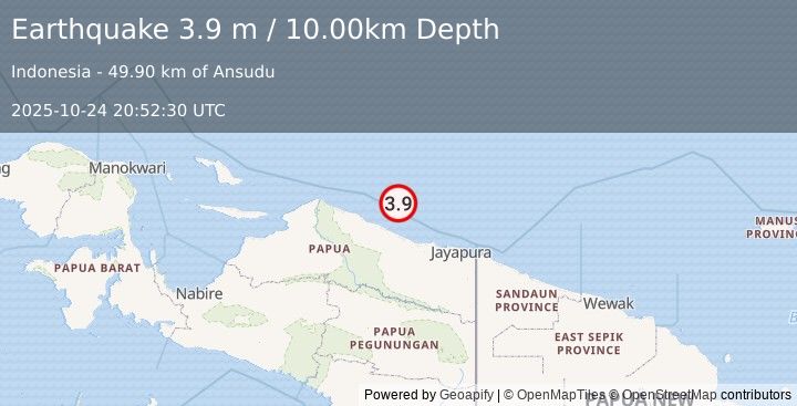 Earthquake NEAR N COAST OF PAPUA, INDONESIA (3.9 m) (2025-10-24 20:52:30 UTC)