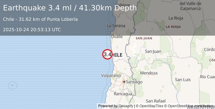 Earthquake OFFSHORE COQUIMBO, CHILE (3.4 ml) (2025-10-24 20:53:13 UTC)