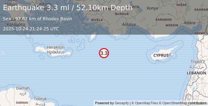 Earthquake EASTERN MEDITERRANEAN SEA (3.3 ml) (2025-10-24 21:24:25 UTC)