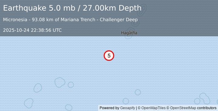 Earthquake SOUTH OF MARIANA ISLANDS (4.9 mw) (2025-10-24 22:38:53 UTC)