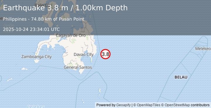 Earthquake PHILIPPINE ISLANDS REGION (3.8 m) (2025-10-24 23:34:01 UTC)