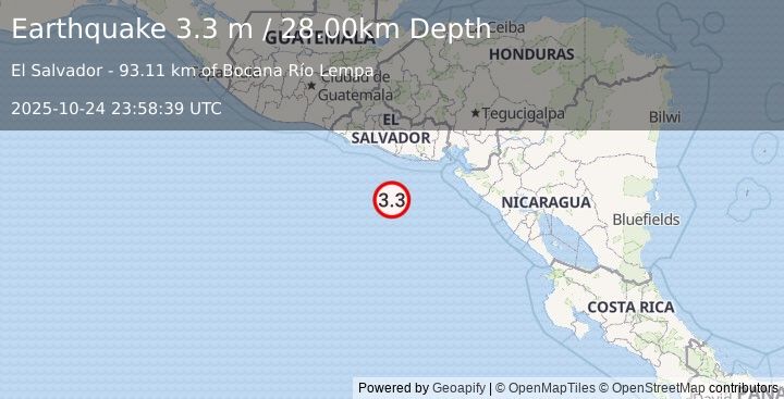 Earthquake OFFSHORE EL SALVADOR (3.3 m) (2025-10-24 23:58:38 UTC)