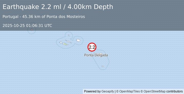 Earthquake AZORES ISLANDS, PORTUGAL (2.2 ml) (2025-10-25 01:06:31 UTC)