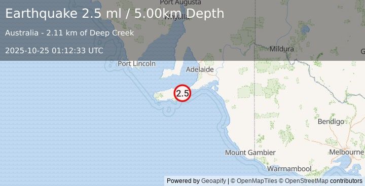 Earthquake NEAR COAST OF SOUTH AUSTRALIA (2.5 ml) (2025-10-25 01:12:33 UTC)