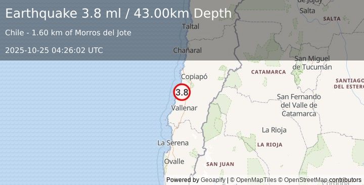 Earthquake ATACAMA, CHILE (3.7 ml) (2025-10-25 04:25:59 UTC)