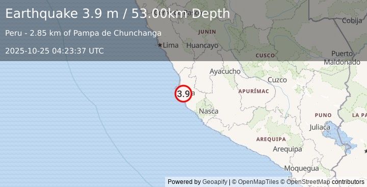 Earthquake NEAR COAST OF CENTRAL PERU (3.9 m) (2025-10-25 04:23:37 UTC)