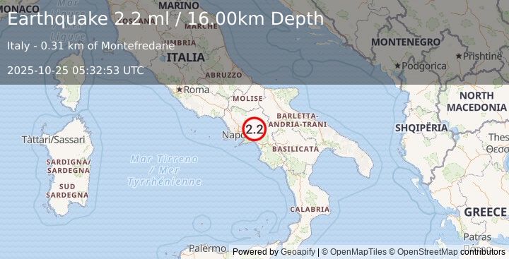 Earthquake SOUTHERN ITALY (2.2 ml) (2025-10-25 05:32:53 UTC)