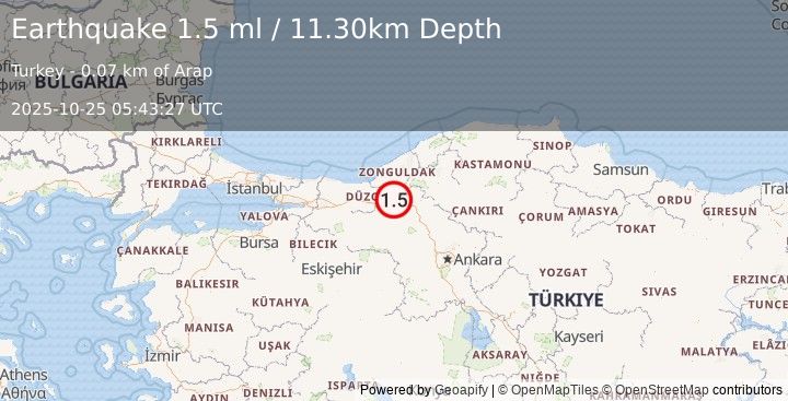 Earthquake WESTERN TURKEY (1.6 ml) (2025-10-25 05:43:26 UTC)