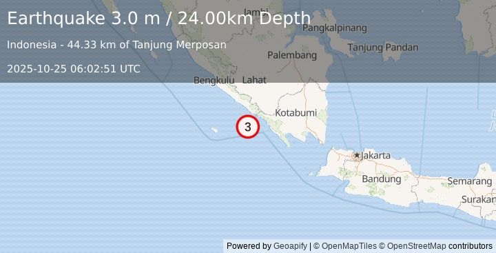 Earthquake SOUTHERN SUMATRA, INDONESIA (3.0 m) (2025-10-25 06:02:51 UTC)