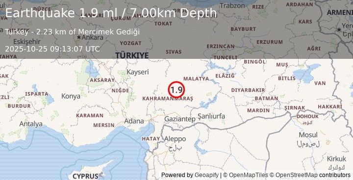 Earthquake CENTRAL TURKEY (1.9 ml) (2025-10-25 09:13:07 UTC)