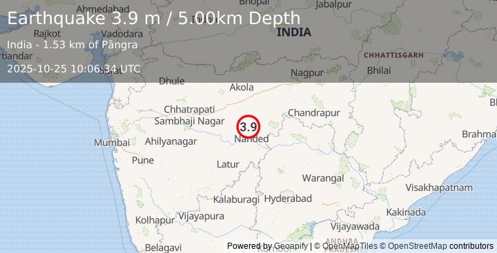 Earthquake MAHARASHTRA, INDIA (3.9 m) (2025-10-25 10:06:34 UTC)