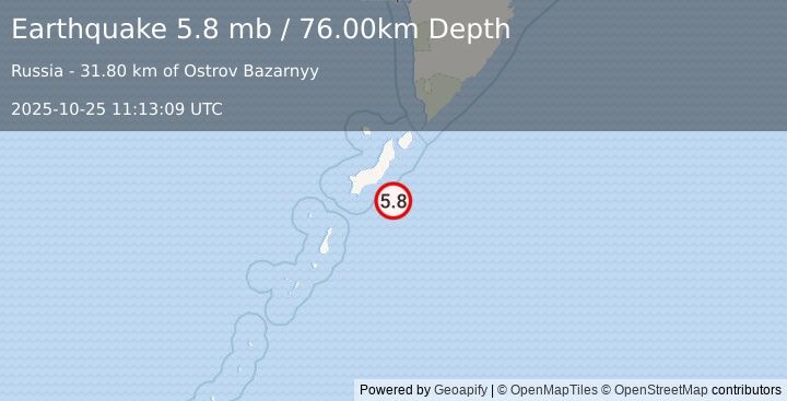 Earthquake KURIL ISLANDS (5.5 mb) (2025-10-25 11:13:09 UTC)