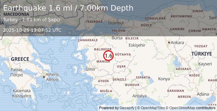 Earthquake WESTERN TURKEY (1.6 ml) (2025-10-25 13:07:52 UTC)