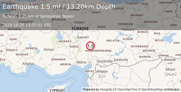 Earthquake CENTRAL TURKEY (1.5 ml) (2025-10-25 13:37:51 UTC)