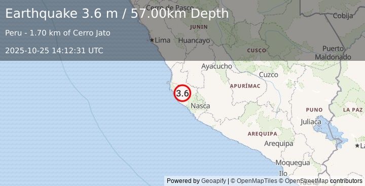Earthquake NEAR COAST OF CENTRAL PERU (3.6 m) (2025-10-25 14:12:31 UTC)