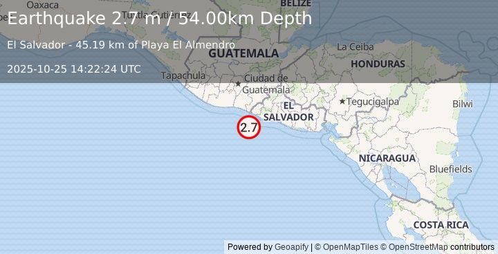 Earthquake OFFSHORE EL SALVADOR (2.7 m) (2025-10-25 14:22:23 UTC)