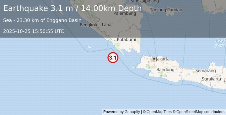 Earthquake SOUTHWEST OF SUMATRA, INDONESIA (3.1 m) (2025-10-25 15:50:55 UTC)