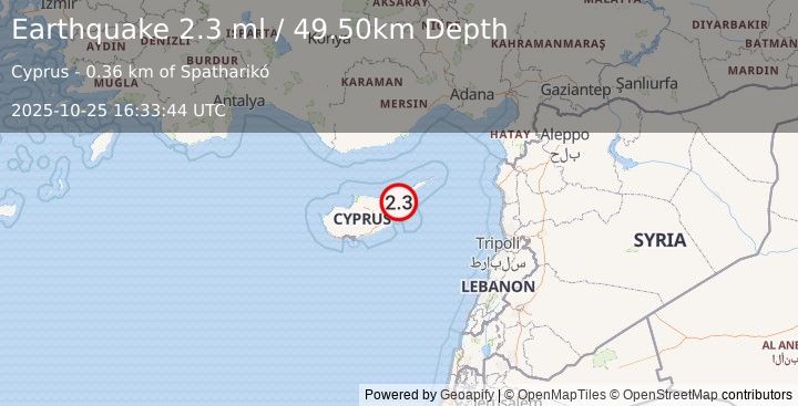 Earthquake CYPRUS REGION (2.3 ml) (2025-10-25 16:33:45 UTC)