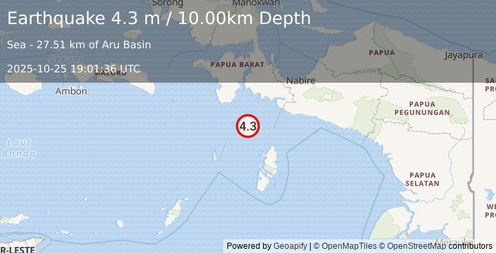 Earthquake NEAR S COAST OF PAPUA, INDONESIA (4.3 m) (2025-10-25 19:01:36 UTC)