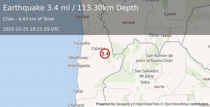 Earthquake ANTOFAGASTA, CHILE (3.4 ml) (2025-10-25 19:21:29 UTC)