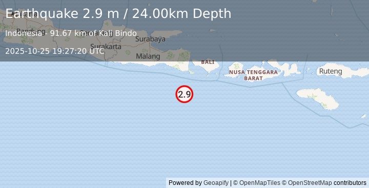 Earthquake SOUTH OF BALI, INDONESIA (2.9 m) (2025-10-25 19:27:20 UTC)