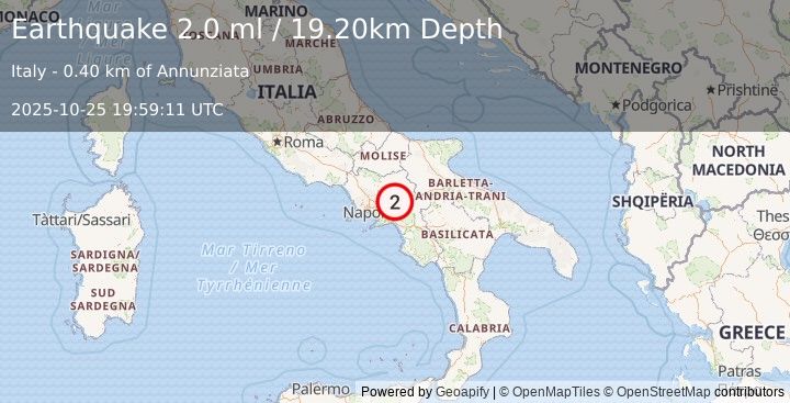 Earthquake SOUTHERN ITALY (2.0 ml) (2025-10-25 19:59:11 UTC)