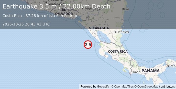 Earthquake OFF COAST OF COSTA RICA (3.5 m) (2025-10-25 20:43:43 UTC)