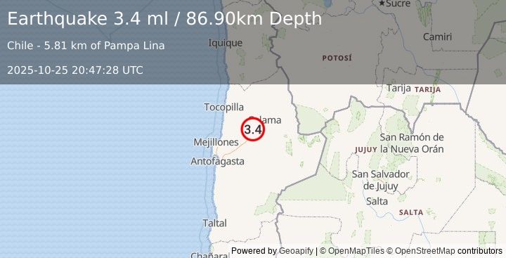 Earthquake ANTOFAGASTA, CHILE (3.4 ml) (2025-10-25 20:47:28 UTC)
