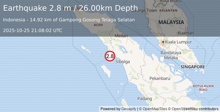 Earthquake NORTHERN SUMATRA, INDONESIA (2.8 m) (2025-10-25 21:08:02 UTC)