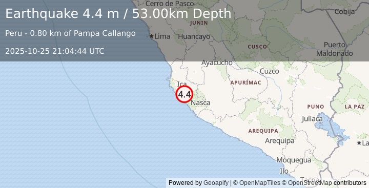 Earthquake NEAR COAST OF CENTRAL PERU (4.4 m) (2025-10-25 21:04:44 UTC)