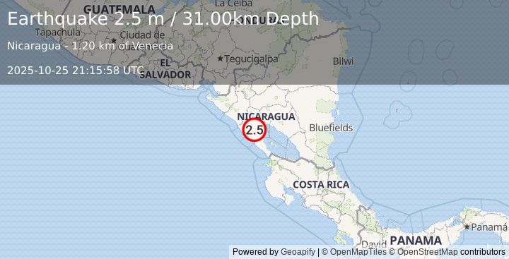 Earthquake NEAR COAST OF NICARAGUA (2.5 m) (2025-10-25 21:15:58 UTC)