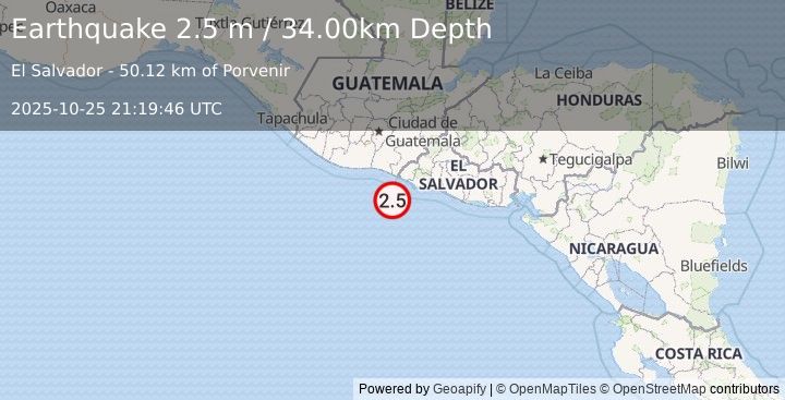 Earthquake OFFSHORE EL SALVADOR (2.5 m) (2025-10-25 21:19:46 UTC)